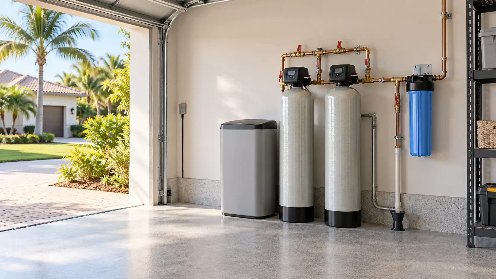 Water softener and filtration equipment installed in a clean residential garage