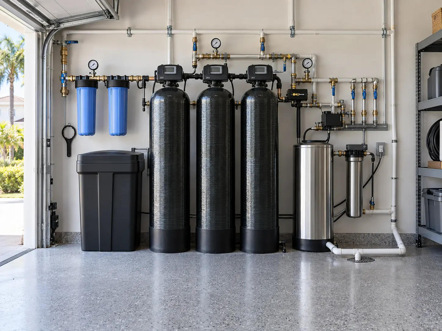 High-capacity multi-stage residential water-treatment system in a Florida garage