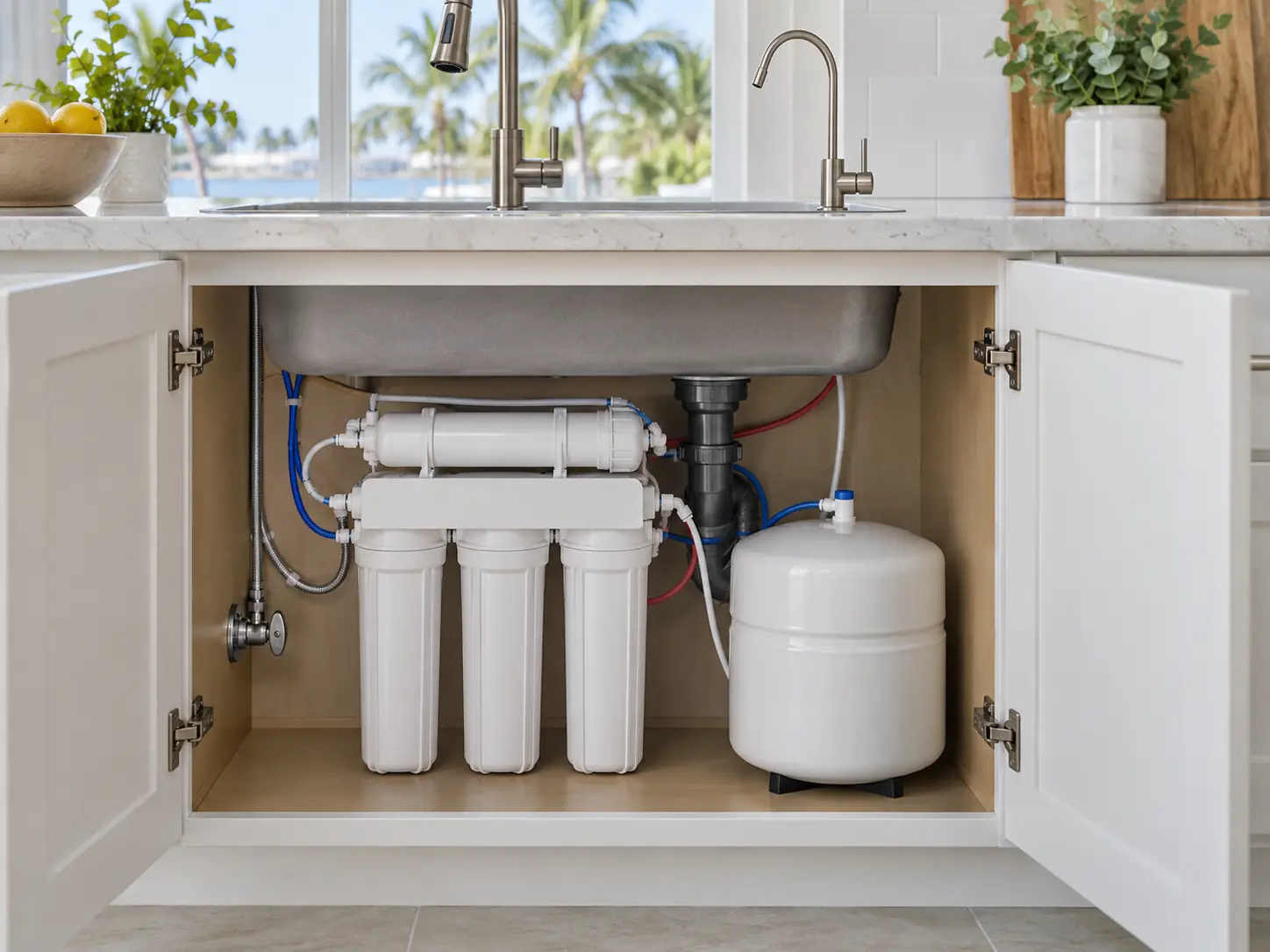 Under-sink reverse osmosis system in a bright South Florida kitchen
