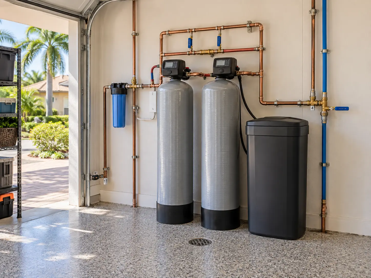 Whole-home filtration tanks installed in a Coral Springs-style residential garage