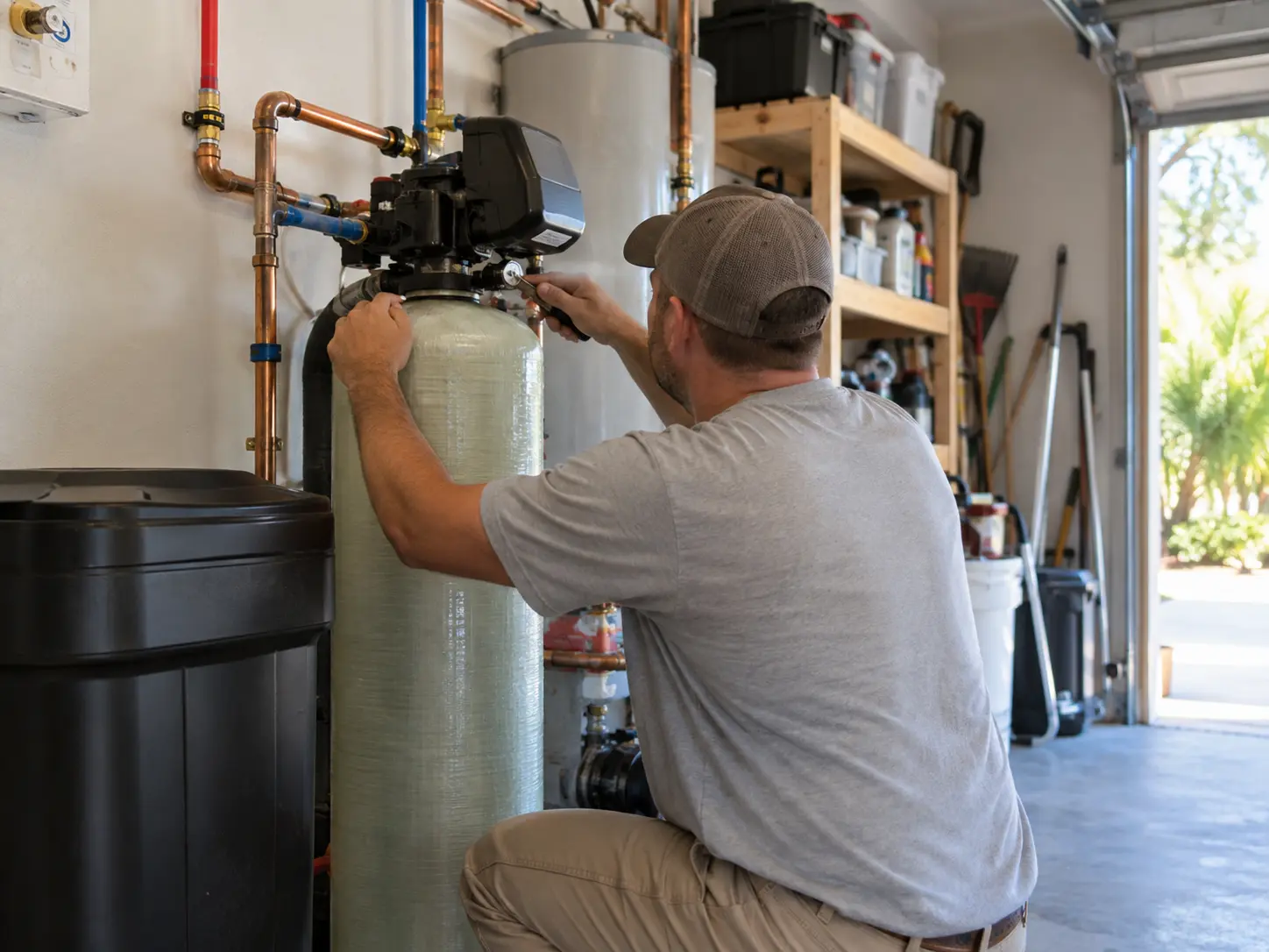 Water-treatment technician reviewing residential equipment and system conditions